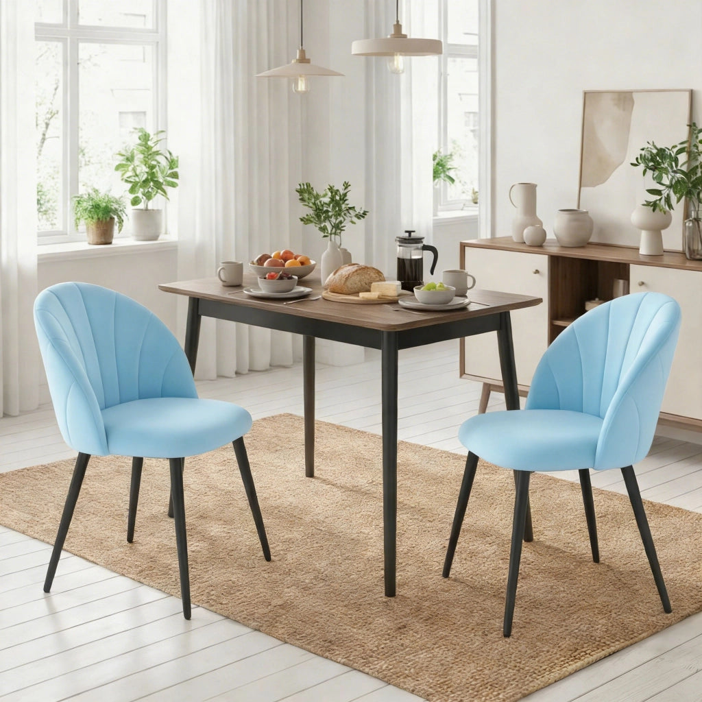 Set 2 Sedie da Pranzo Imbottite 52x55x79 cm con Schienale a Conchiglia in Velluto Azzurro