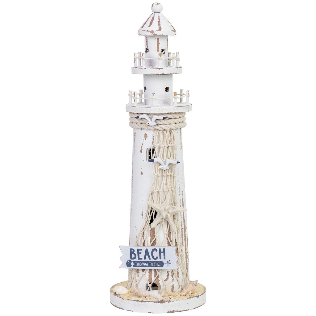 Figura decorativa a forma di faro in legno bianco con LED 12,5x12,5x39 cm