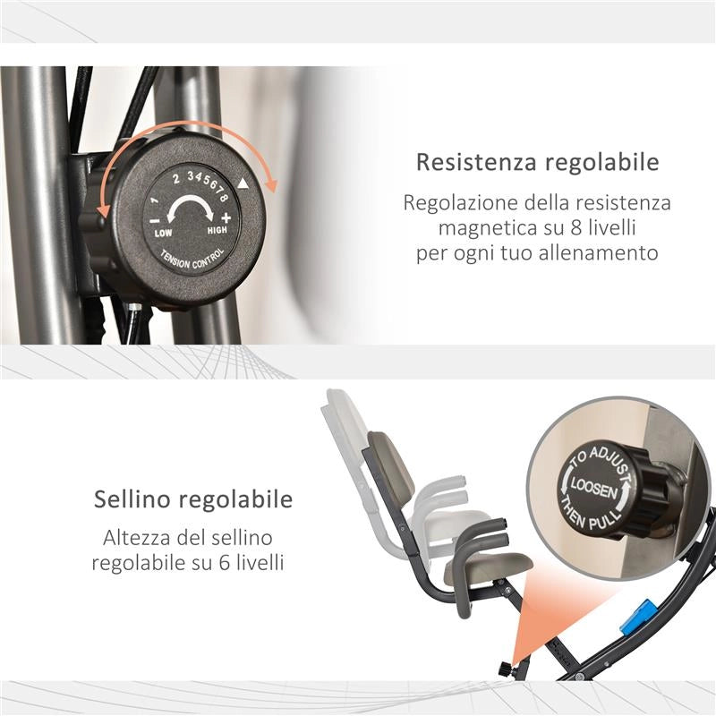 CYCLETTE PIEGHEVOLE 8 LIVELLI DI RESISTENZA CON SEDUTA REGOLABILE, BLU E GRIGIA
