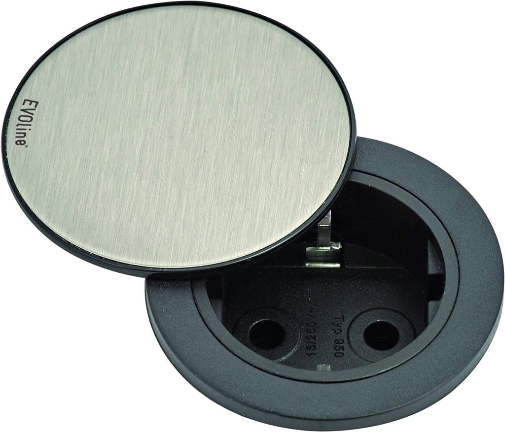 EVOline 159280003900 ONE Presa Singola da Incasso con Coperchio in Acciaio Inox 3 m Schuko 16A 230V colore Nero