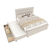 Letto imbottito 140x200 cm con letto estraibile e 3 cassetti; testiera regolabile; lino e MDF beige (Senza materasso)