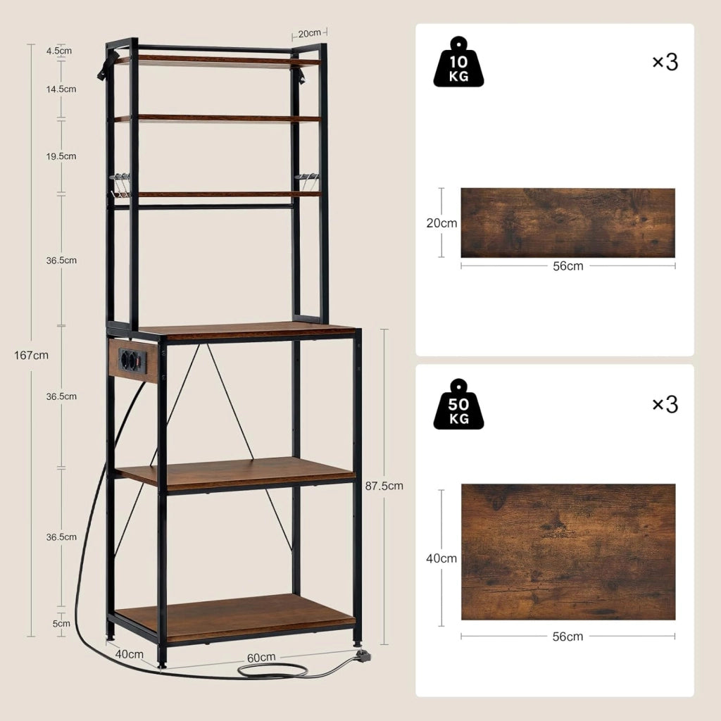 Scaffale da Cucina a 6 Livelli con Prese di Corrente, Scaffale per Microonde con Struttura in Metallo e Piano di Lavoro Aperto, Nero+Marrone Rustico, 60x39,5x167cm