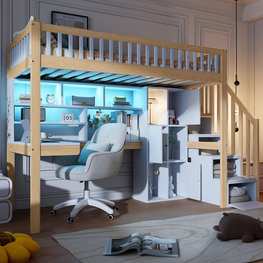 OKWISH Letto a Soppalco 90×200 cm, Letto Singolo con LED, Scala con Contenitori, Mensole e Scrivania, senza Materasso, Bianco e Naturale