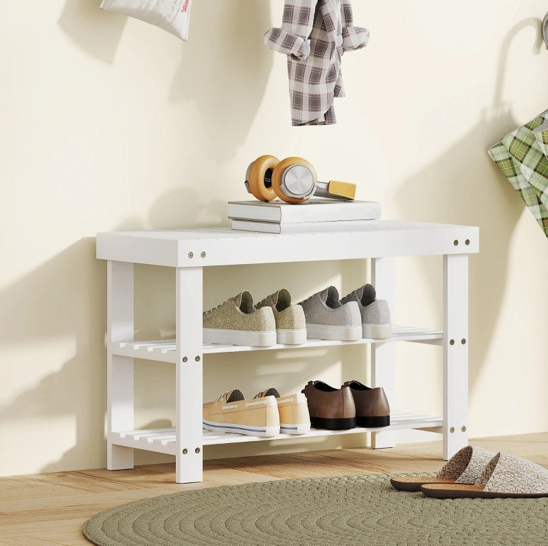 Panca Porta Scarpe in Bambù con Doppio Ripiano, 70x28x45 cm, Bianco