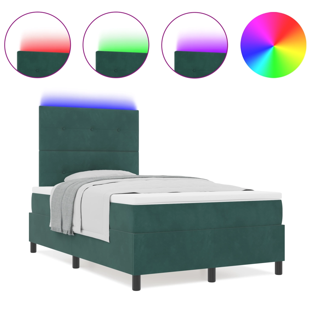 Letto Box Spring con Materasso e LED Verde Scuro 120x200 cm Velluto