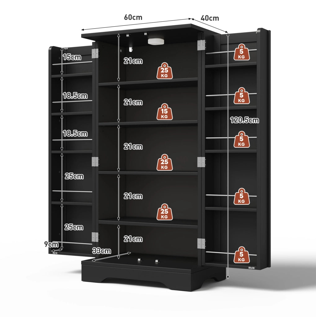 Mobile contenitore alto con luce LED a sensore; ripiano regolabile; MDF nero; 120 x 60 x 40 cm