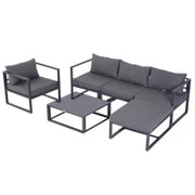 Set da Giardino 6 Pezzi con Divano da Giardino, in Alluminio e Poliestere, Piano del Tavolo in Vetro Temperato, con Cuscini, per 4-5 persone, Grigio