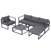 Set da Giardino 6 Pezzi con Divano da Giardino, in Alluminio e Poliestere, Piano del Tavolo in Vetro Temperato, con Cuscini, per 4-5 persone, Grigio