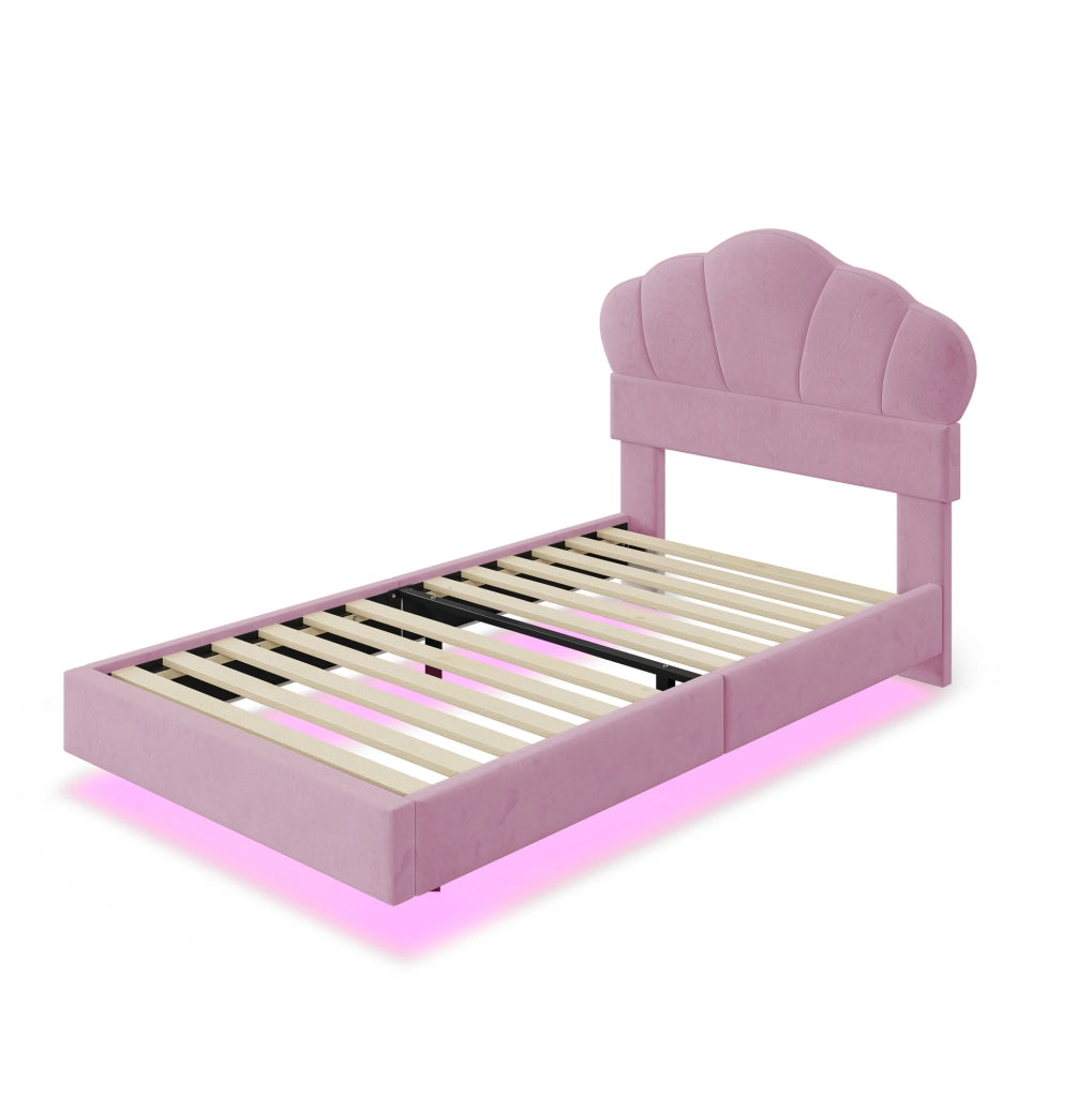 Letto imbottito 90 x 200 cm con LED; testiera a nuvola in velluto rosa