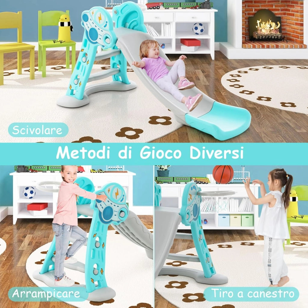 3 in 1 Scivolo per Bambini, Set di Scivolo Pieghevole con Canestro Basket e Pallone, Set da Arrampicata e Scivolo da Interno, 18 Mesi+ (Blu)