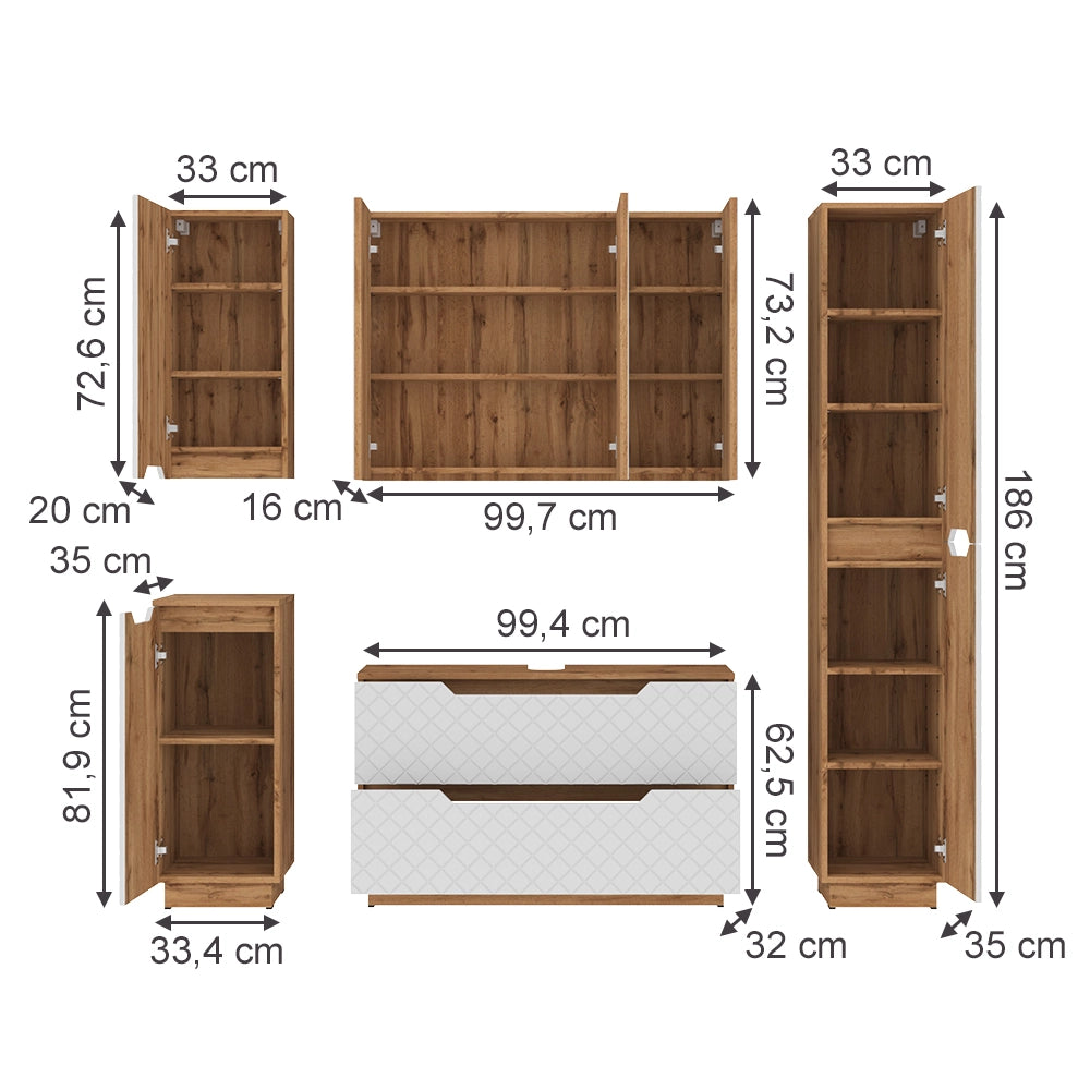 Vicco Set di mobili da bagno Rovere/bianco con struttura in piastrelle 5 parti