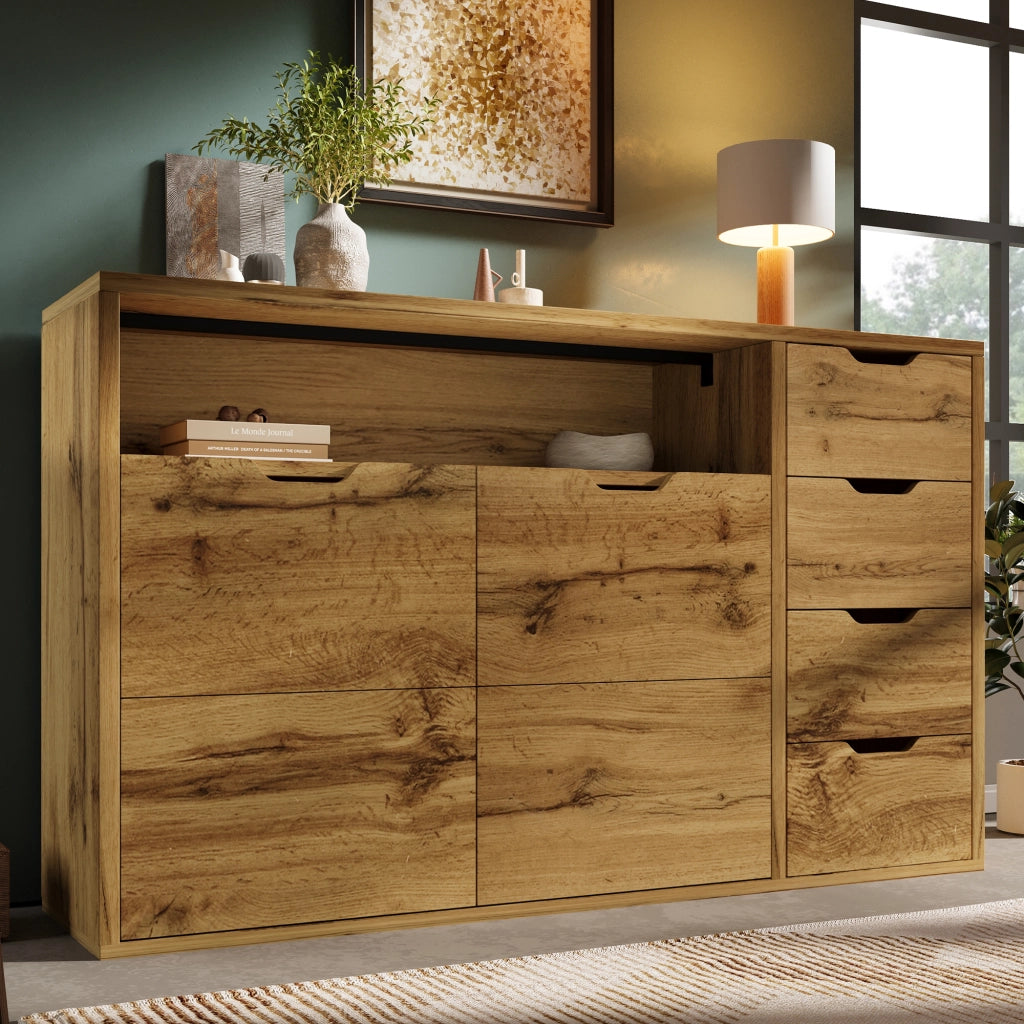 COMMODE Sideboard 150x40x90 cm effetto rovere con 2 ante, 4 cassetti e vano aperto