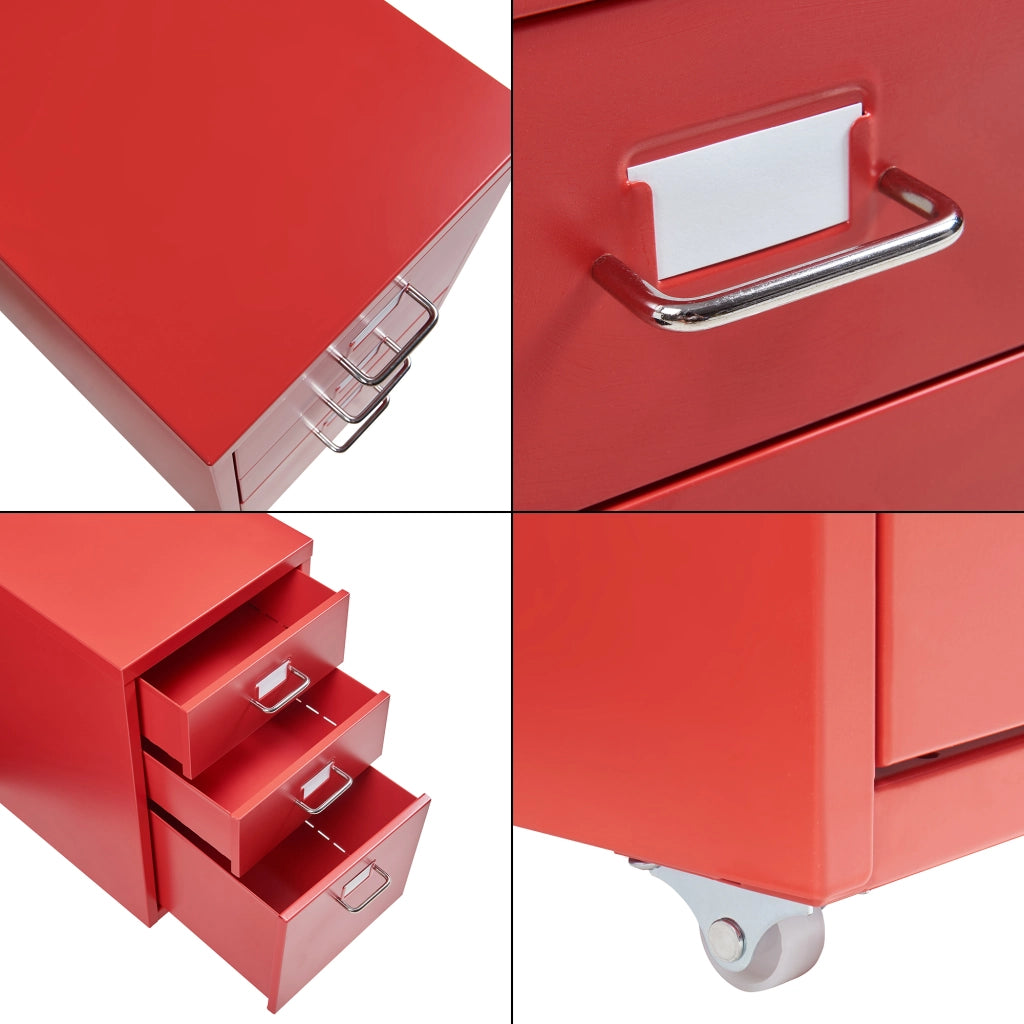 Cassettiera Kökar in Acciaio Mobile Archivio con 3 Cassetti e Rotelle - Rosso [en.casa]