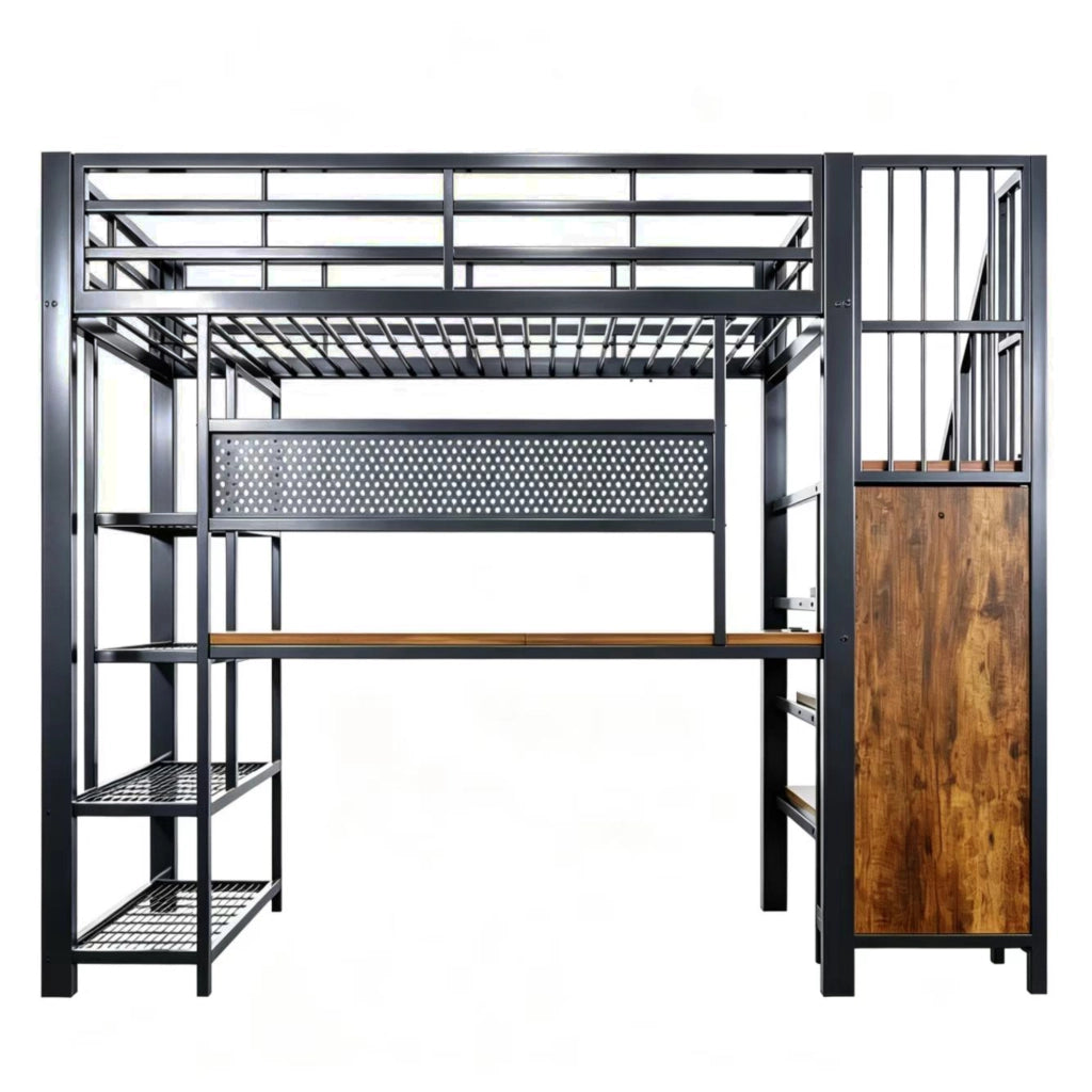 LETTO a soppalco 90x200 cm Nero in metallo e legno con LED e prese