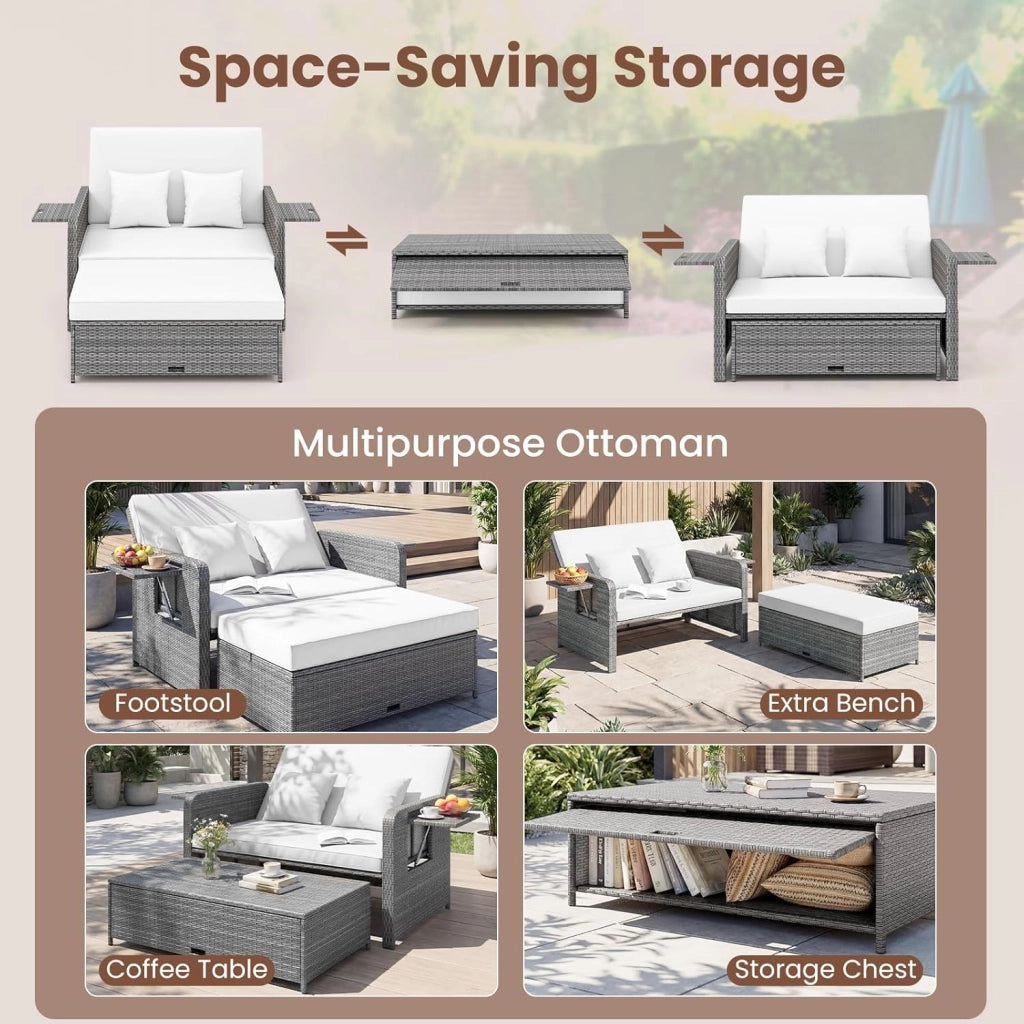 Set Divano da Esterno con Letto da Giorno 2 Pezzi, Divano a Due Posti in Rattan PE con Pouf Contenitore, Schienale Regolabile, Tavolini Laterali Richiudibili e Cuscini Morbidi (Bianco)