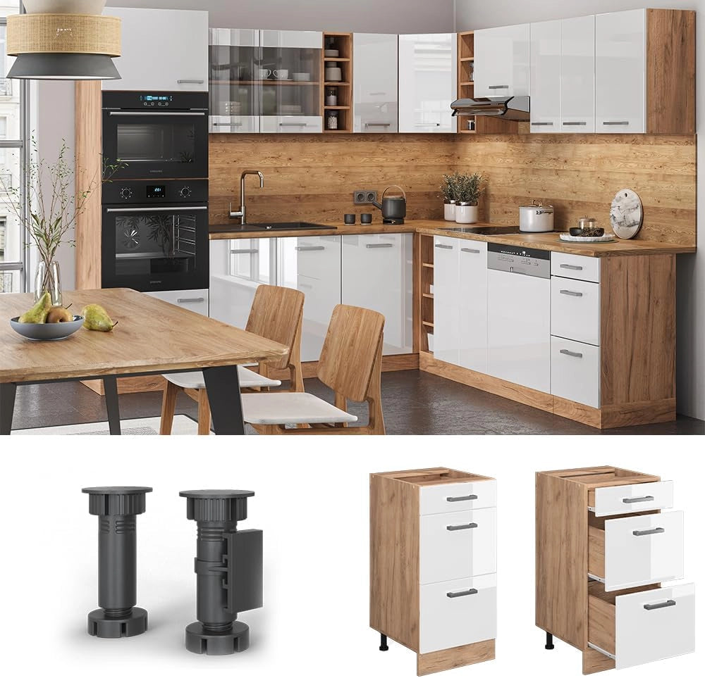 Mobiletto base per cucina R-Line, Bianco lucido, 40 cm con cassetti, senza piano di lavoro, per la libera combinazione all'interno di sistemi cucina modulari