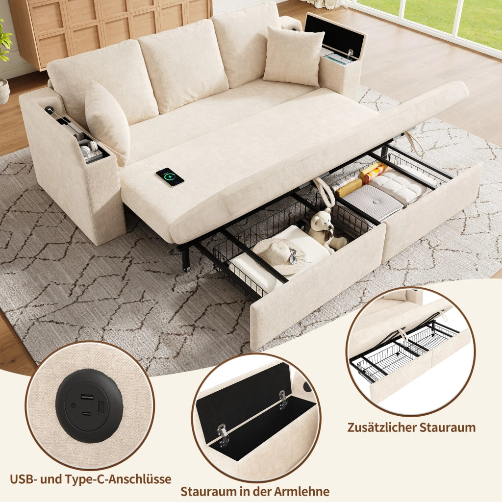 Divano letto modulare a 3 posti con funzione letto, porta USB e Type-C, vani contenitore, in chenille beige