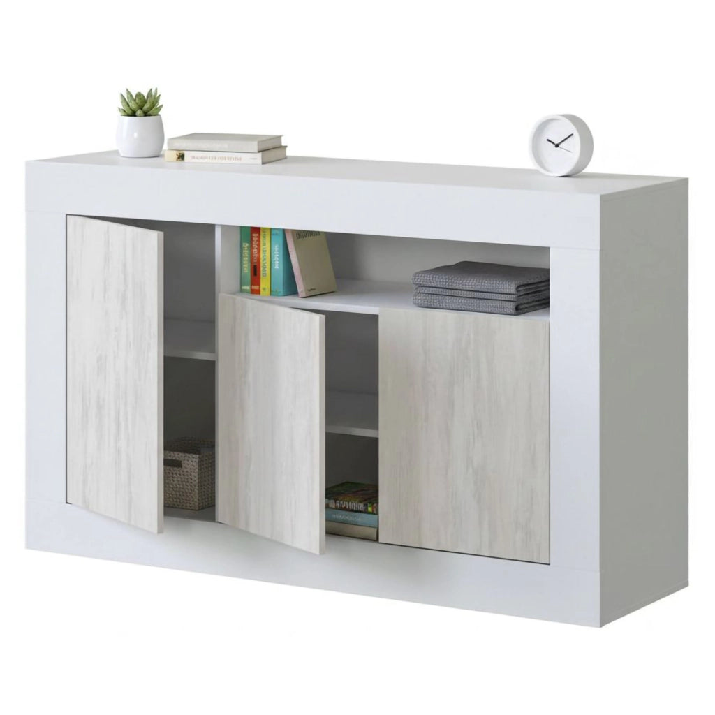 Credenza Ilizia, Madia moderna a 3 ante, Buffet da soggiorno porta TV, cm 144x42h87, Bianco