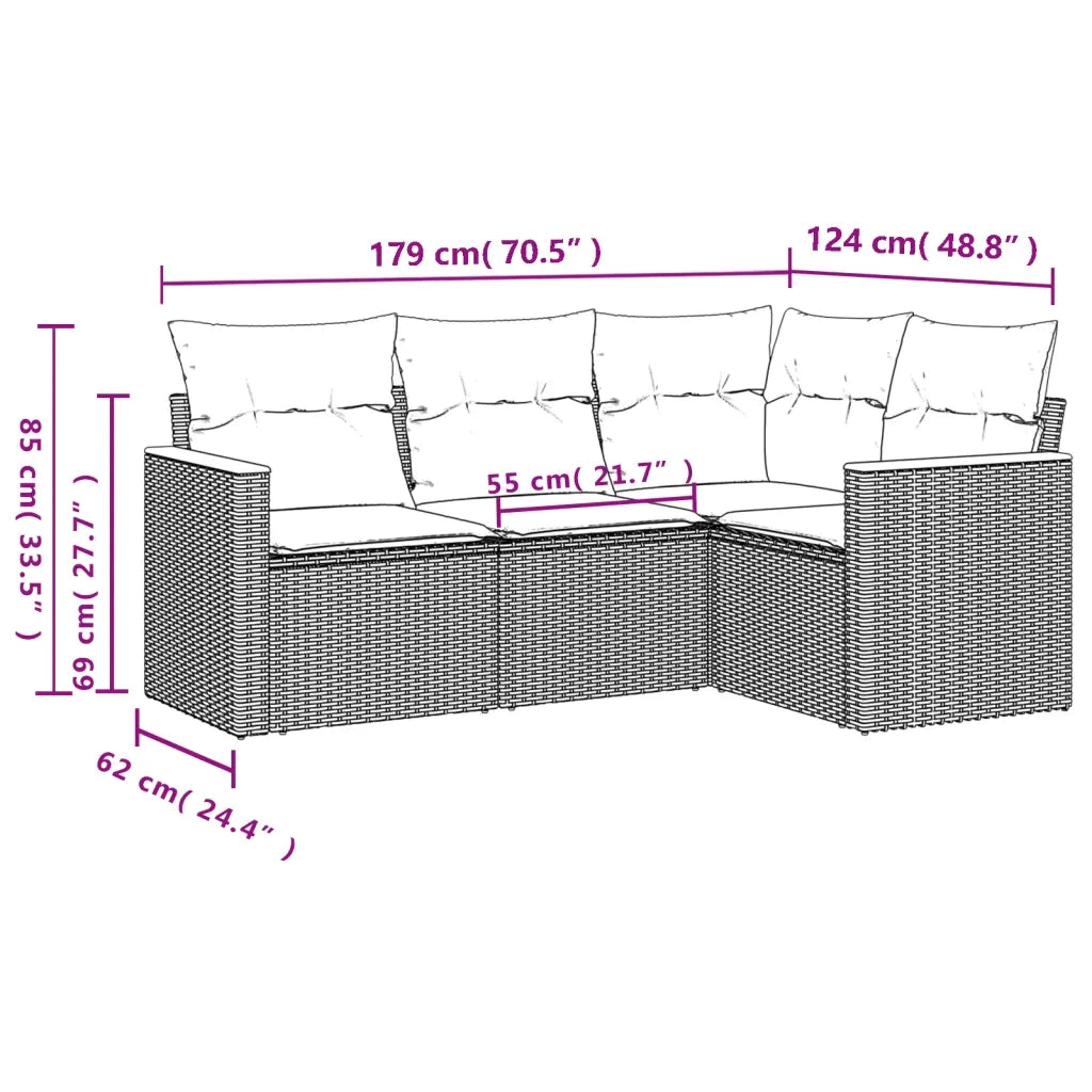 Set Divano da Giardino 4 pz con Cuscini Beige in Polyrattan