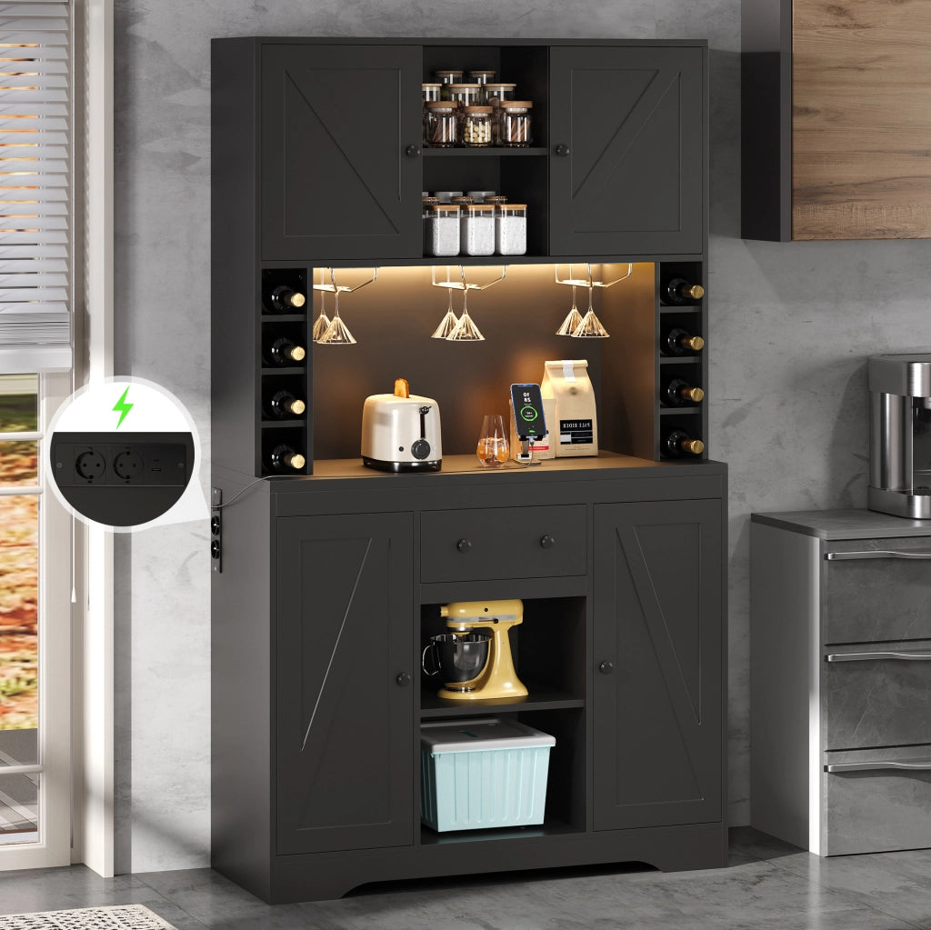 Buffet da cucina alto 180x105x40 cm nero in truciolare con LED; prese e portabicchieri