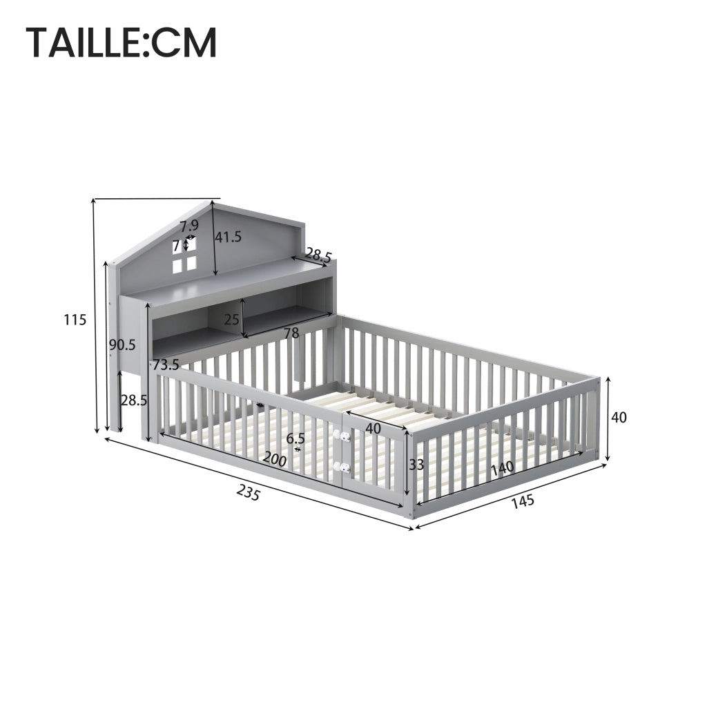 Letto per bambini 140×200 cm a casetta con ripiani e sponde di protezione; rete inclusa; senza materasso; grigio