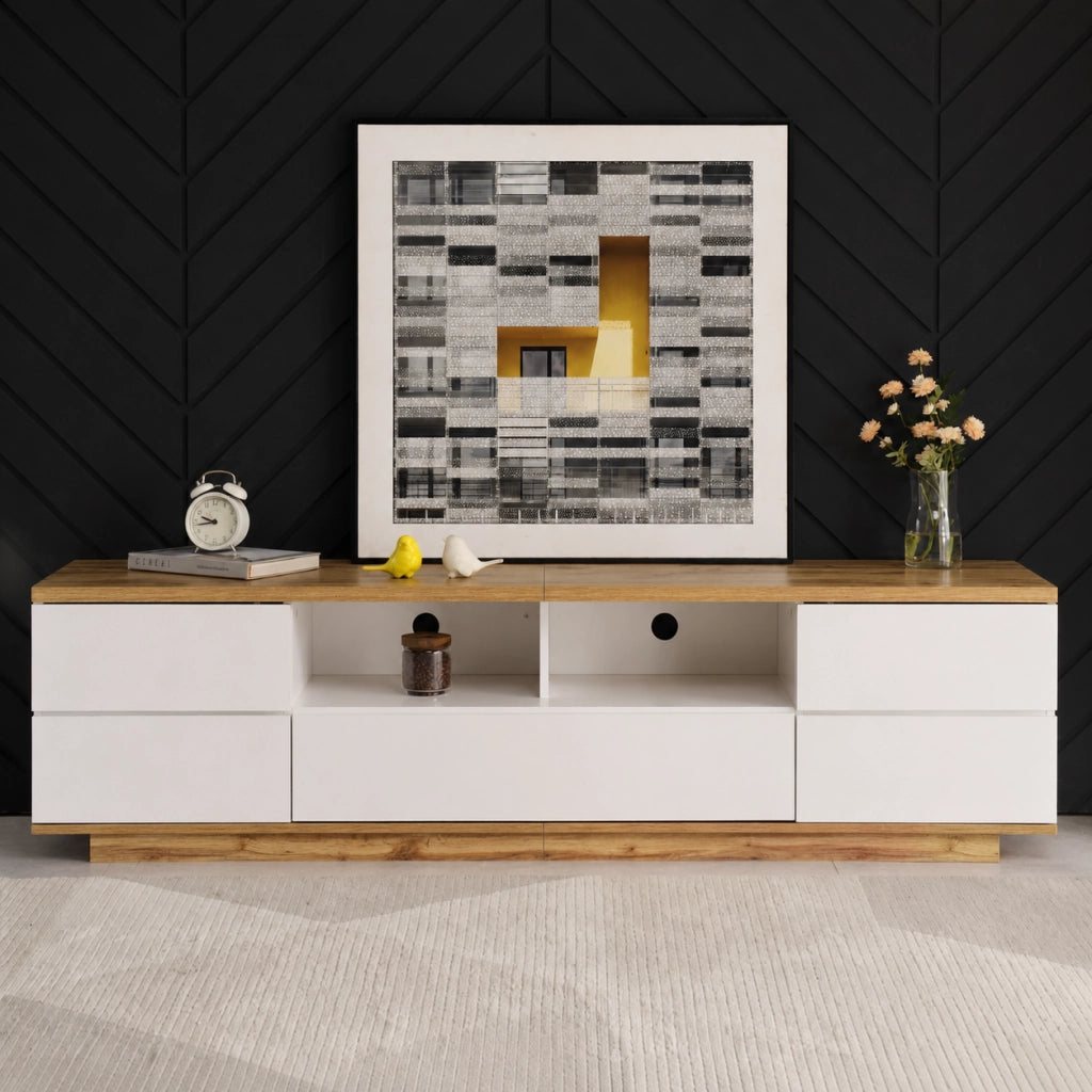 Mobile TV 180x38x46 cm; design a griglia con maniglia nascosta; MDF bianco