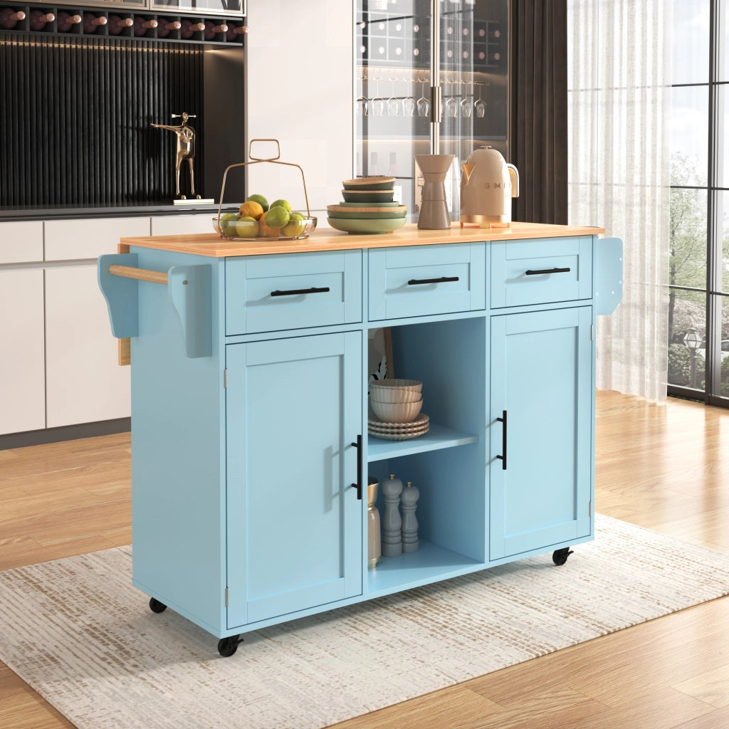 Isola da Cucina Mobile 139x46/71x91;5 cm Blu con Piano Ribaltabile; 3 Cassetti; Ruote e Gambe in Legno