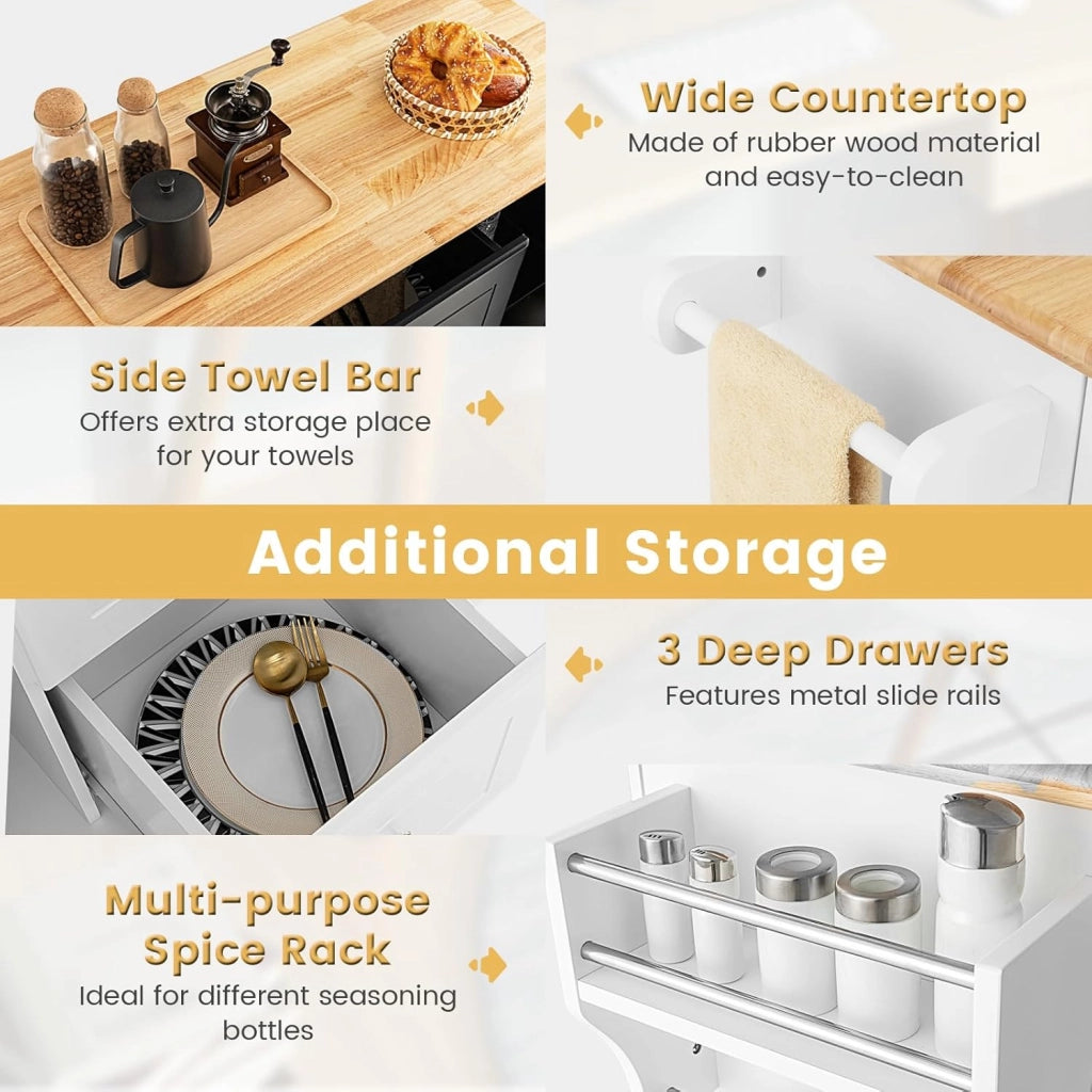 Carrello da Cucina in Legno di Quercia con 2 Armadi e 3 Cassetti, Credenza con 5 Rotelle e Cerniere in Metallo, Isola da Cucina per Soggiorno e Sala da Pranzo (Bianco)