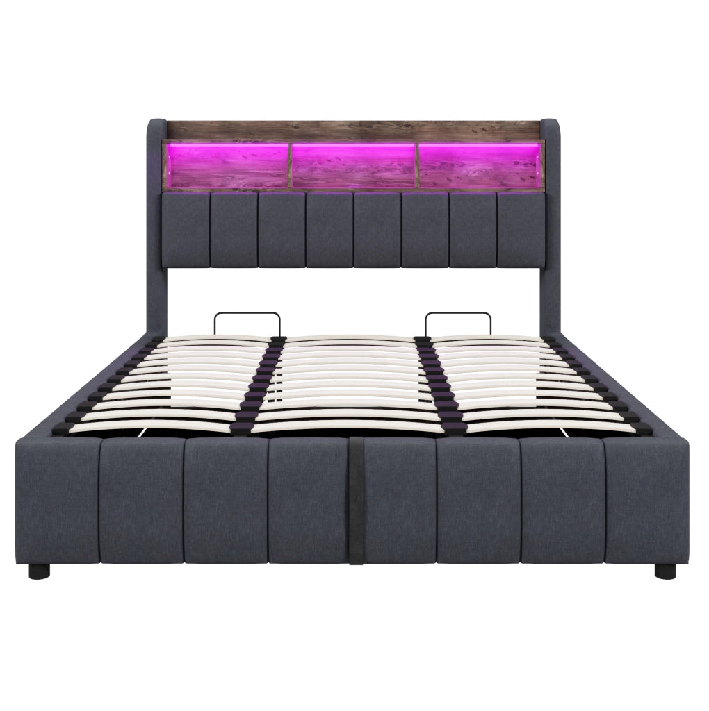 Letto matrimoniale imbottito 180x200 cm grigio con LED; USB e contenitore idraulico