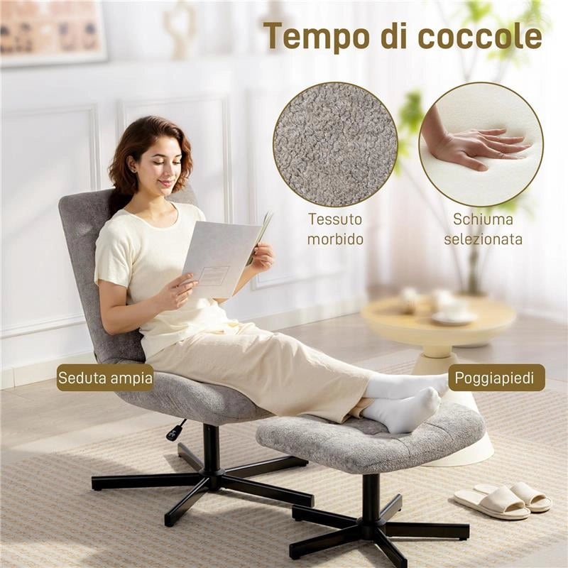 POLTRONA RECLINABILE SU 4 LIVELLI EFFETTO VELLUTO CON POGGIAPIEDI INDIPENDENTE, 66X80X93-104 CM, GRIGIO