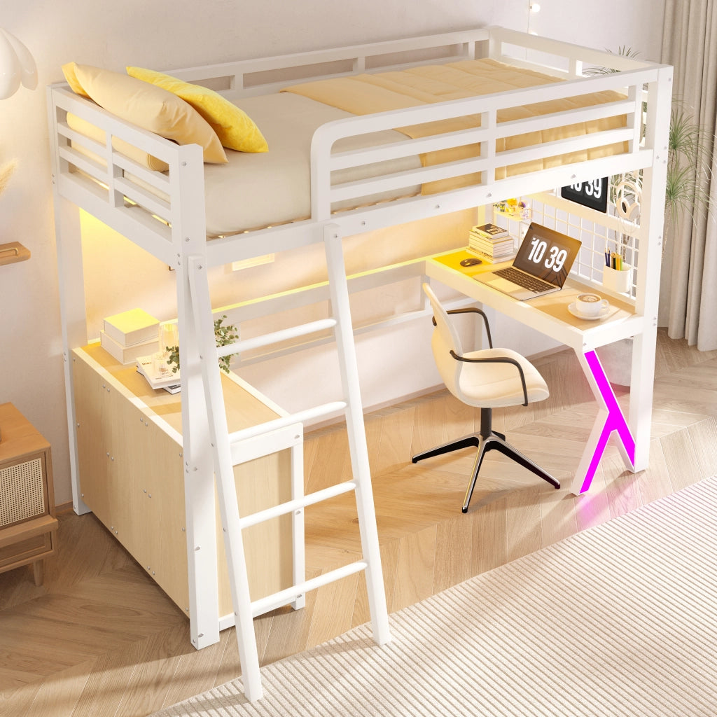 Letto a soppalco 90x200 cm con scrivania; armadio e striscia LED; in metallo e MDF bianco