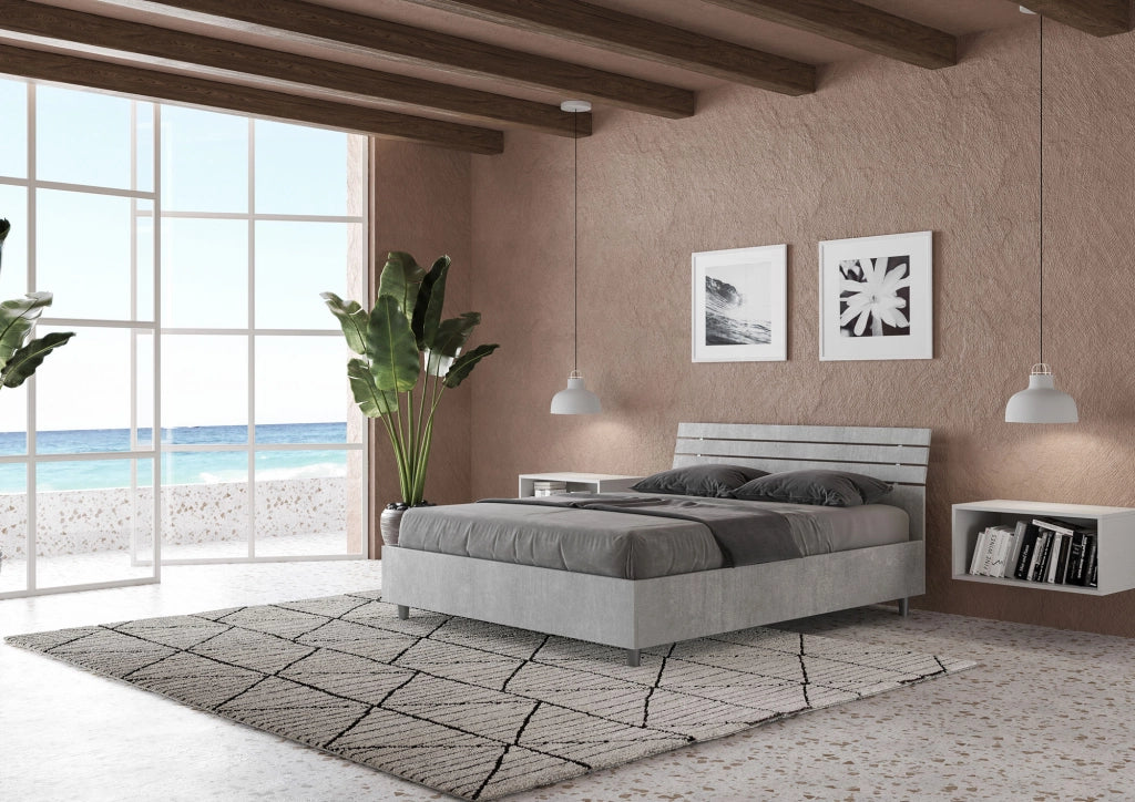 BS COM Letto matrimoniale francese con rete 140x200 testata inclinata con doghe cemento