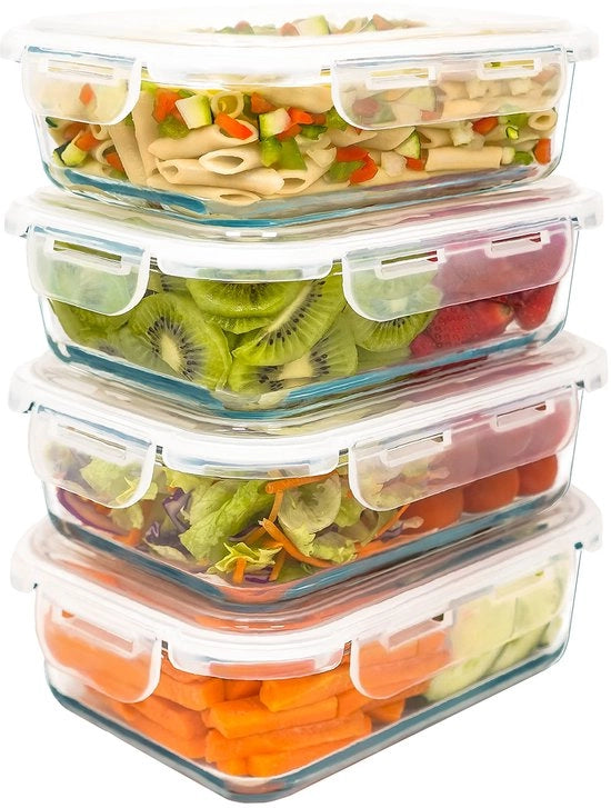 Set di 4 contenitori in vetro di 1000 ml. Imbustati. Adatti per microonde, forno, congelatore e lavastoviglie. Senza BPA.