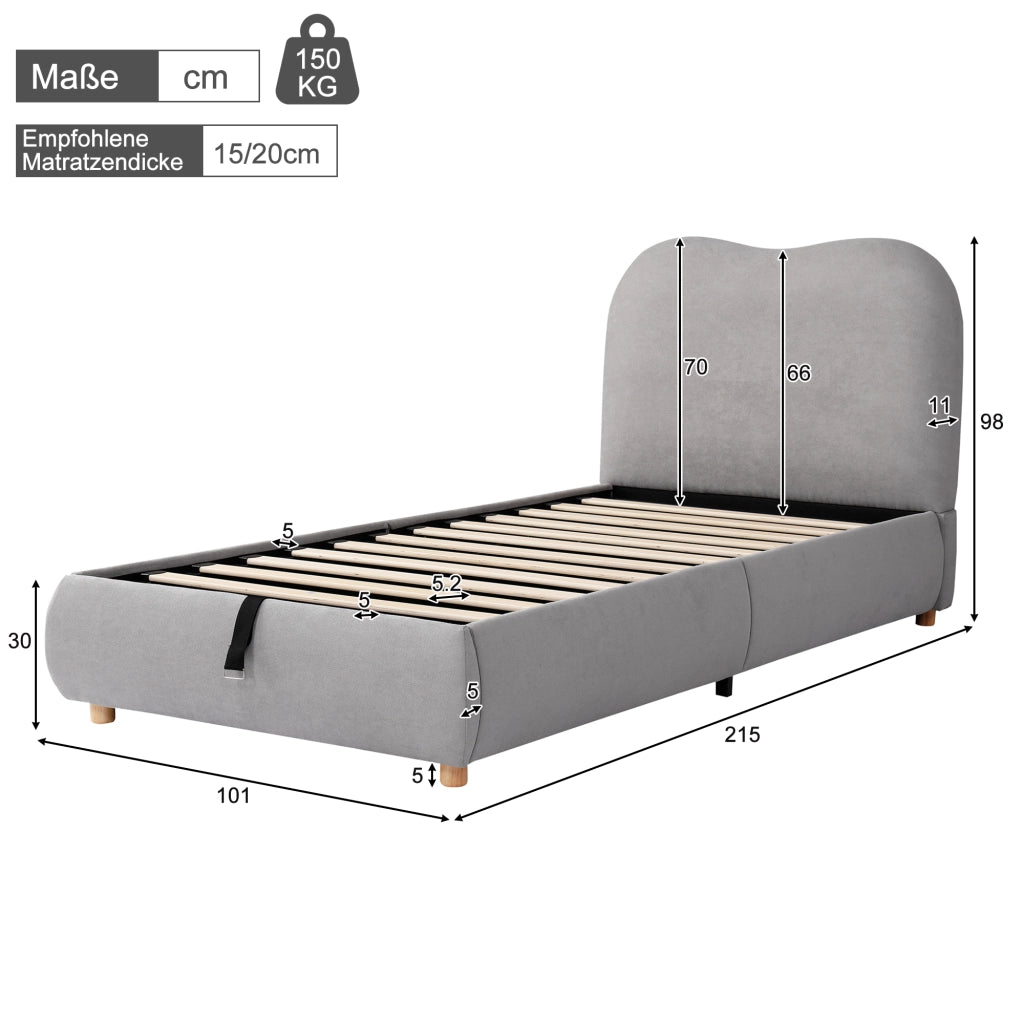 Letto per bambini singolo 90 × 200 cm con contenitore idraulico, testiera imbottita, senza materasso, grigio