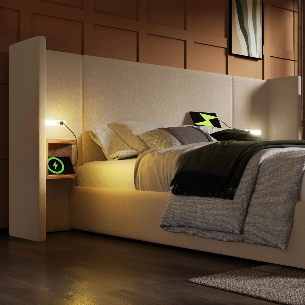 Letto matrimoniale 180x200 cm con testiera multifunzione; luce di lettura; USB e Type-C; beige