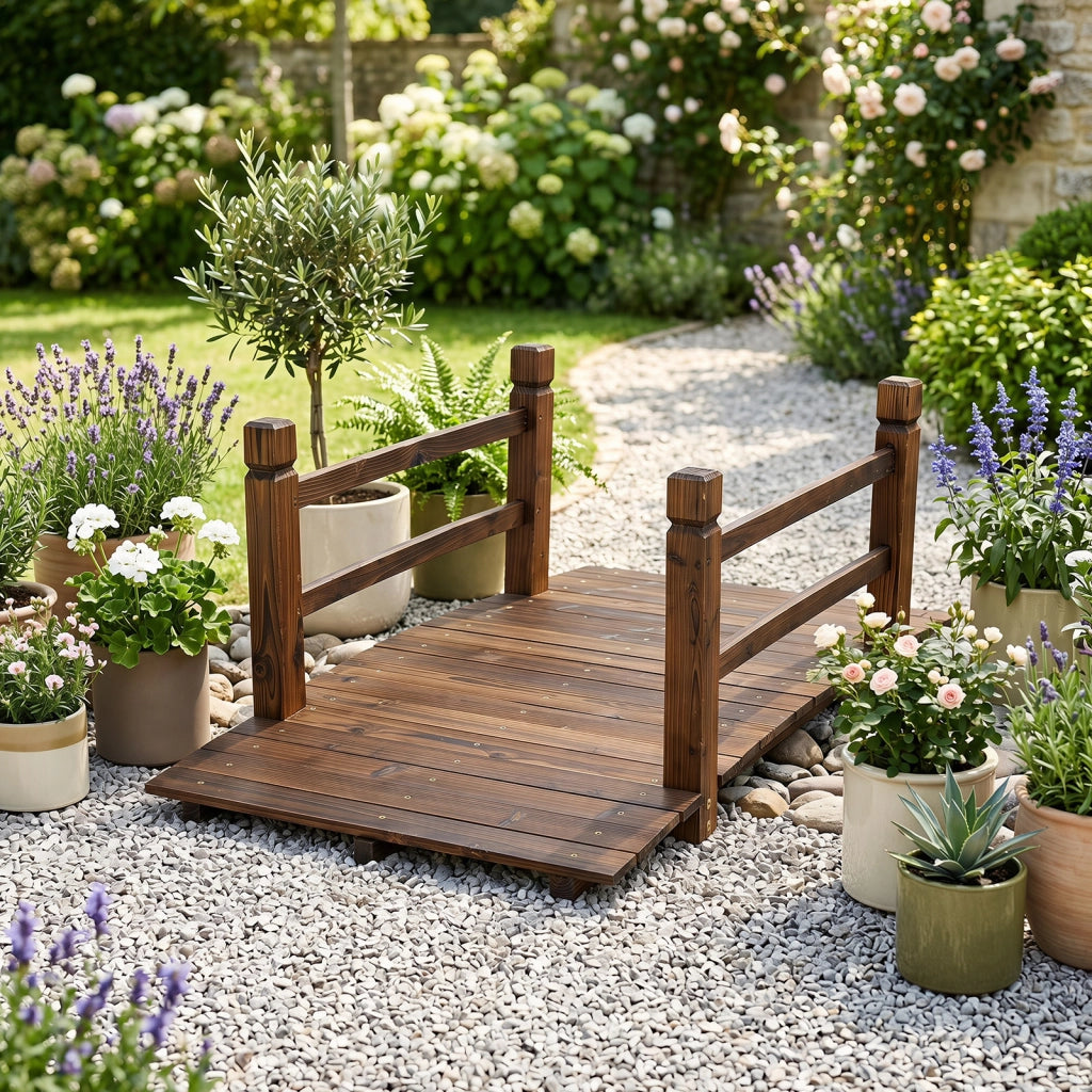 Ponte da giardino in abete carbonizzato con ringhiere, Ponticello decorativo per cortile e fattoria con portata 500 kg 125 x 68 x 47 cm