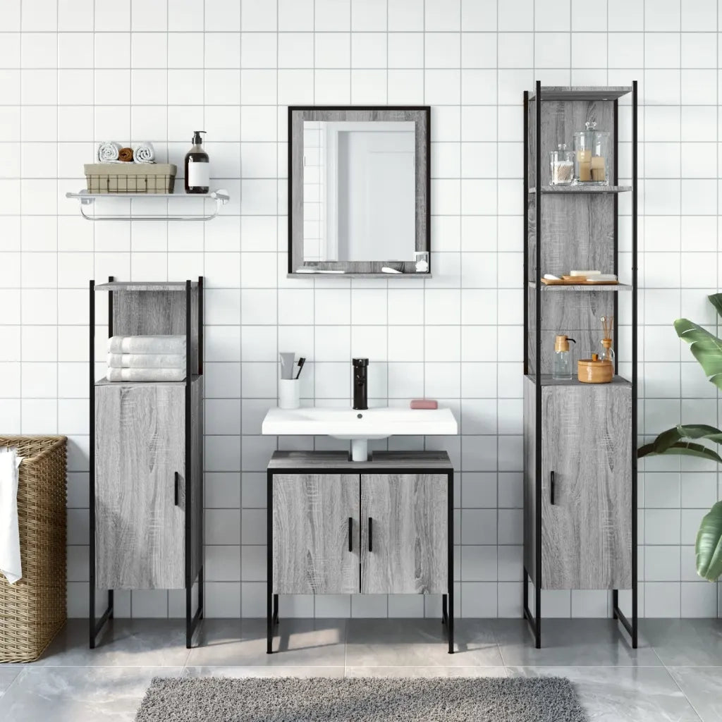 Set Mobili da Bagno | Armadio da bagno 4 pz Grigio Sonoma in Legno Multistrato