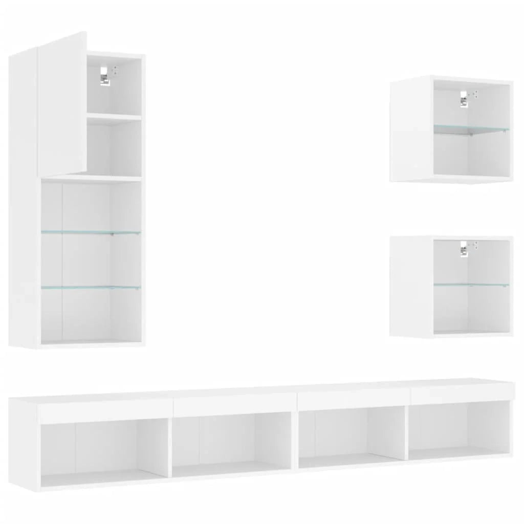 Mobile TV multimediale scaffale TV credenza mobile TV sala da pranzo soggiorno camera da letto con illuminazione a LED 5 pezzi legno ingegnerizzato bianco 02_0029377