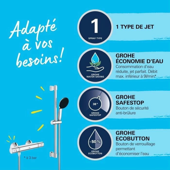 Set doccia con miscelatore termostatico, soffione 1 getto, asta 60 cm e flessibile - GROHE 34597001 - Water saving - Cromo