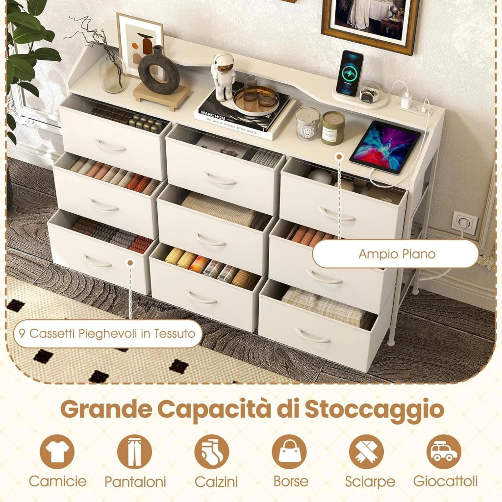 Cassettiera Camera da Letto, Comò con 9 Cassetti in Tessuto, Stazione di Ricarica e Luci LED, Struttura in Metallo, Armadietto per Ingresso e Soggiorno, 127 x 29 x 84 cm, Bianco