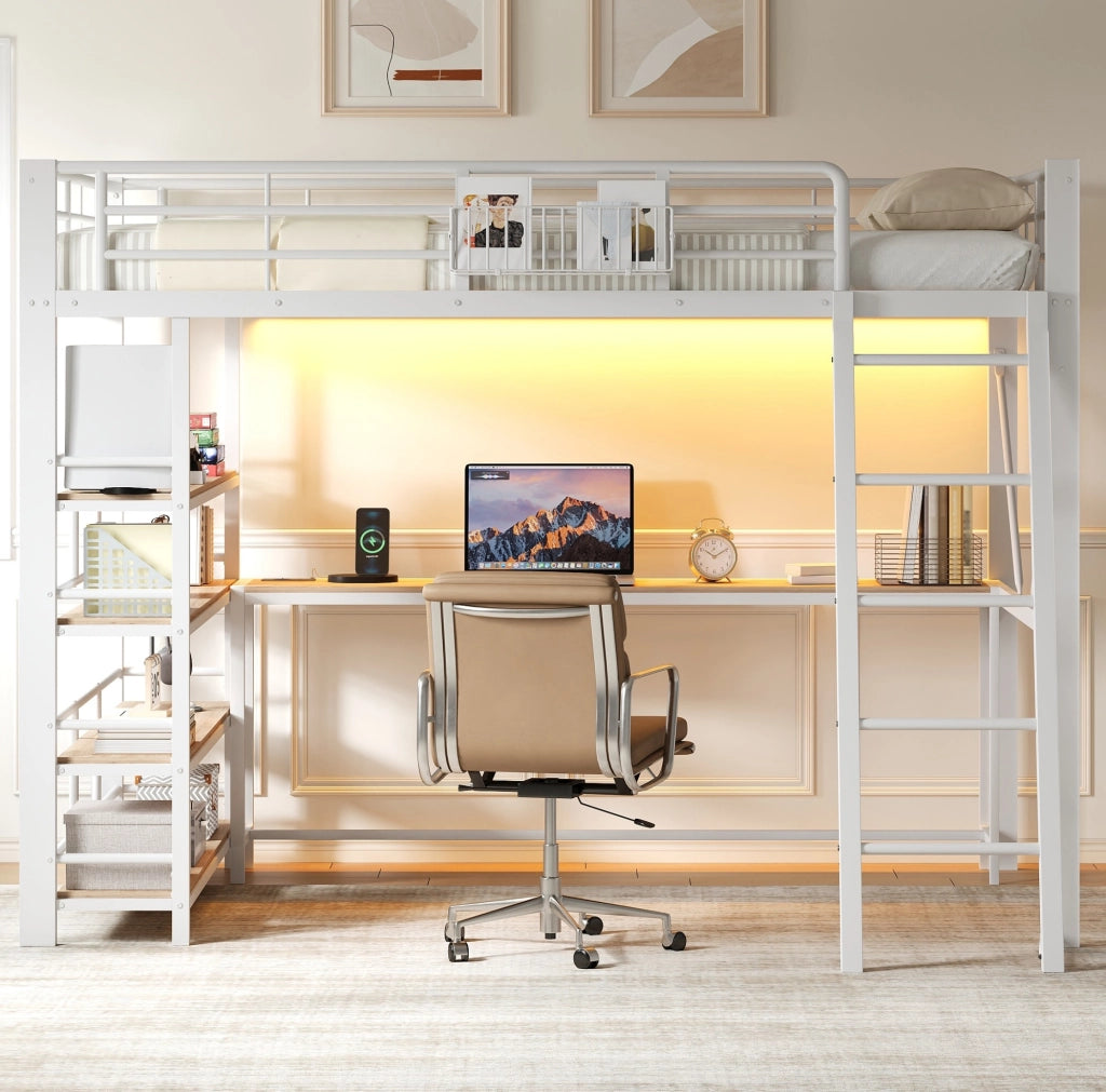 Letto a soppalco 140x200 cm con scrivania, LED, USB e ripiani bianco