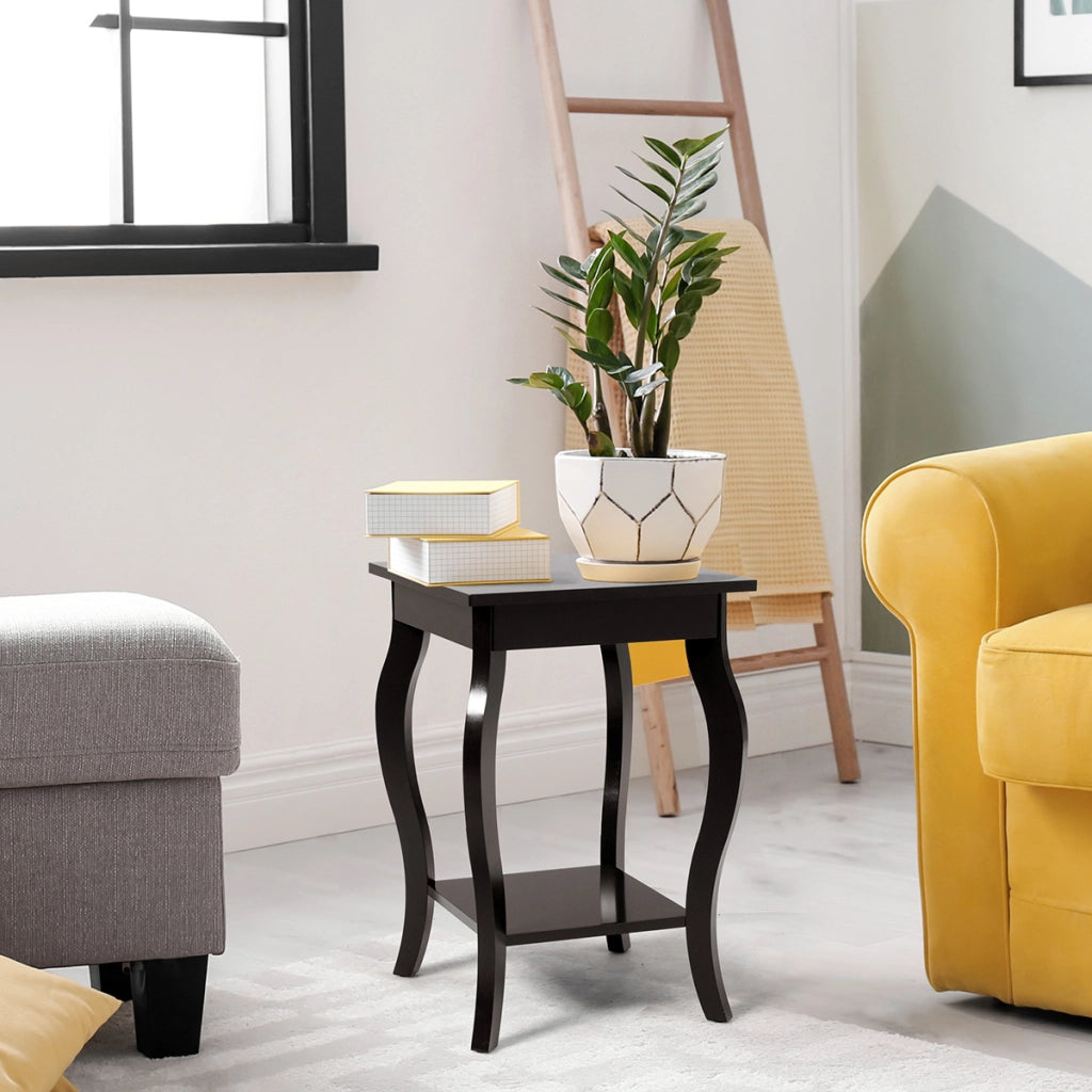 Set 2 Tavolini con gambe curve ripiani aperti a 2 livelli piedini antiscivolo-Tavolini laterali da soggiorno Marrone