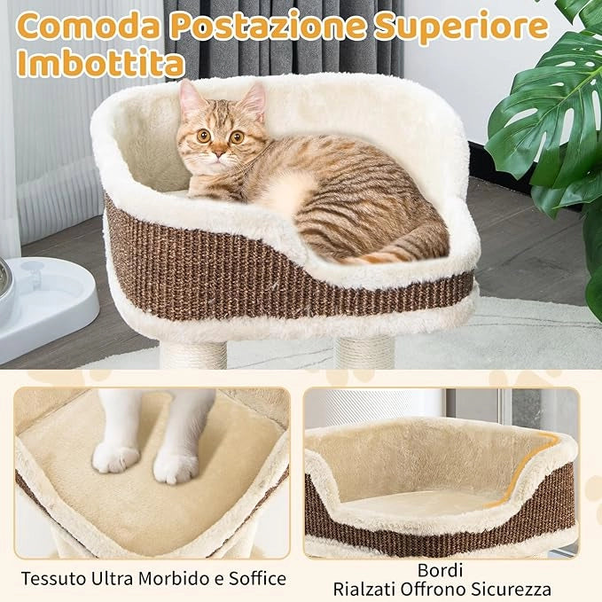 Albero per Gatti 38 x 38,5 x 51 cm, Torre per Gatti con Posatoio in Peluche, Pali Graffianti in Sisal e Palla Pendente, Centro Attività Moderno per Animali Domestici (Beige)