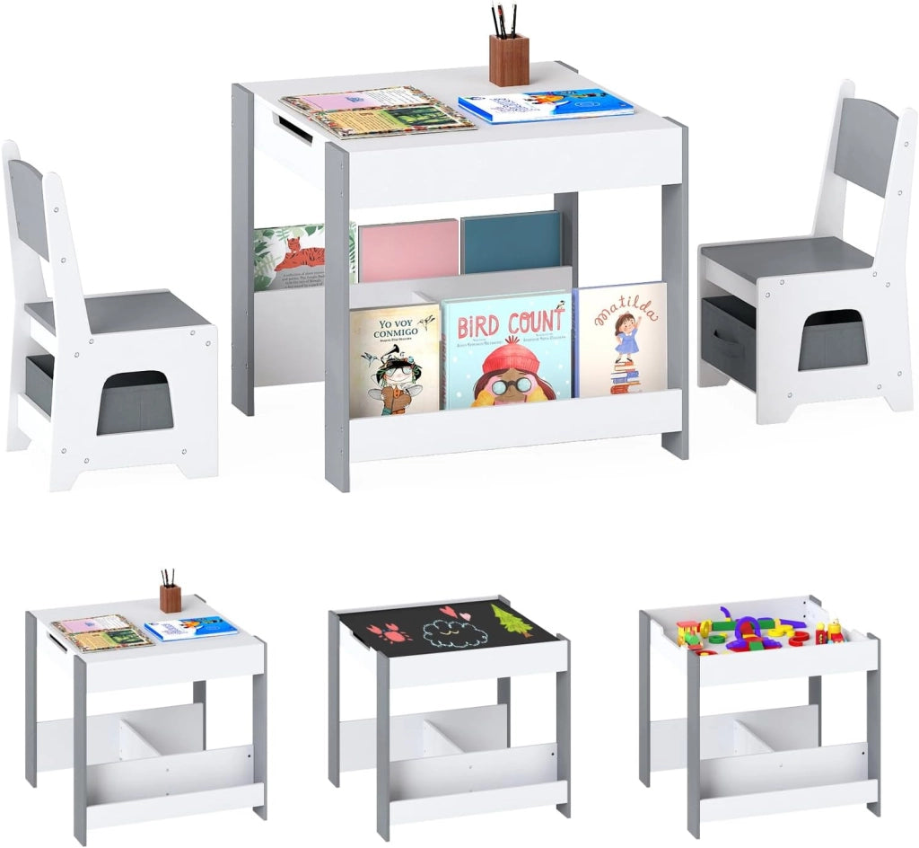 4 in 1 Set Tavolo e Sedie per Bambini 3+ Anni, Tavolo e Sedie con Piano Reversibile, Scaffali e Cassetti, Ideale per Disegno, Lettura e Studio (Grigio, Stile 3)