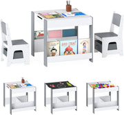 4 in 1 Set Tavolo e Sedie per Bambini 3+ Anni, Tavolo e Sedie con Piano Reversibile, Scaffali e Cassetti, Ideale per Disegno, Lettura e Studio (Grigio, Stile 3)