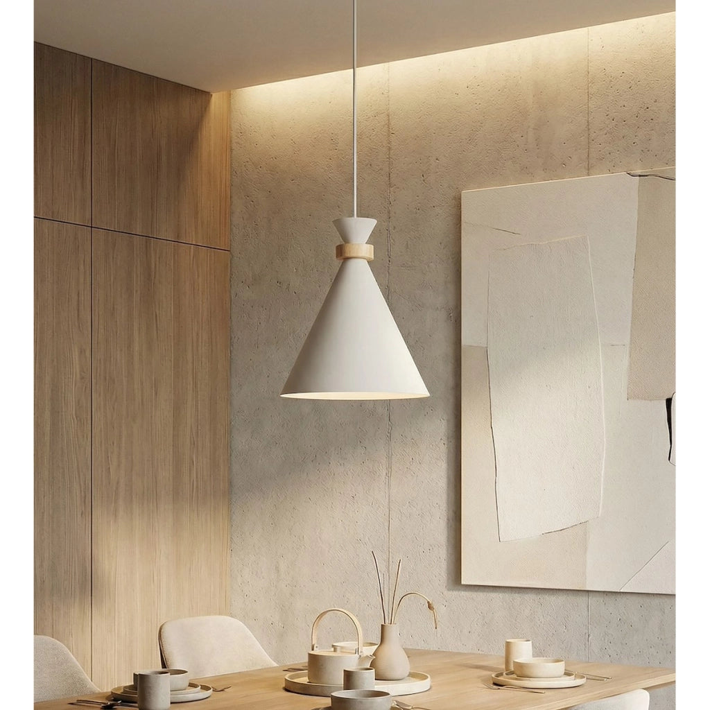 Lampada a sospensione Zero in acciaio bianco e legno
