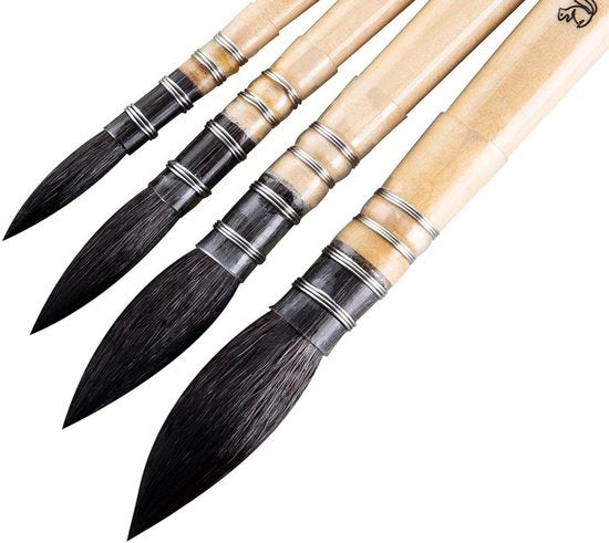 Set di pennelli aquarello professionale - 4 pezzi - Ideale per acquerelli/ inchiostro - Dimensioni #0/2/4/6 - Setole di coniglio - Suggerimenti di manutenzione - Set di pennelli aquarello