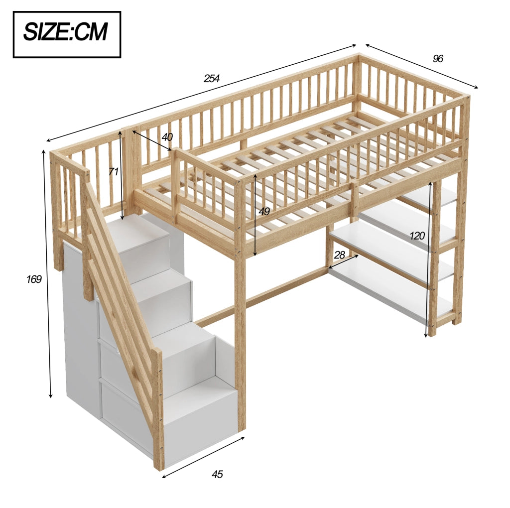 Letto a soppalco 90x200 cm in legno massiccio color legno naturale con scala e contenitore