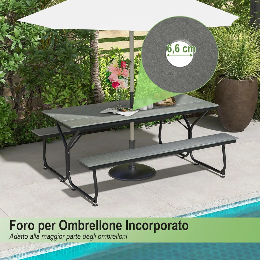 Tavolo da Pranzo 183 CM con 2 Panche per 8 Persone, Set da Picnic in Metallo e HDPE con Foro per Ombrellone, per Giardino Terrazzo (Grigio)