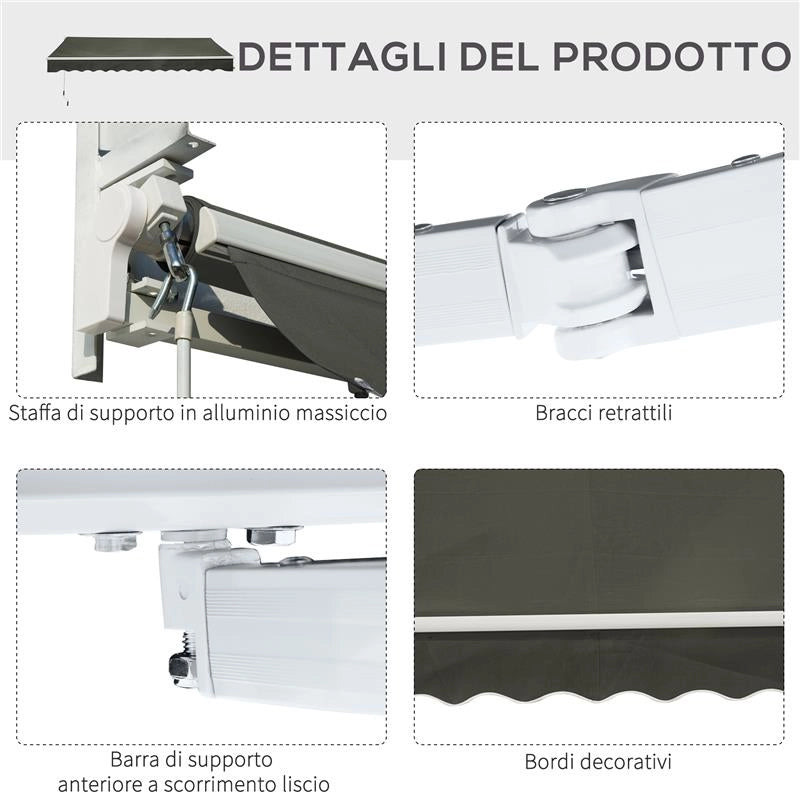 TENDA DA SOLE PER ESTERNO AVVOLGIBILE A BRACCI CON APERTURA A MANOVELLA, 350X250 CM, GRIGIO